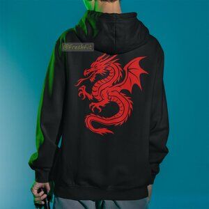 🆕Red Dragon Back Black Full Zip Hoodie Sweatshirt